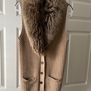 Ralph Lauren Blue Label Tan Knit Vest with fur shearling collar.